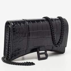 Pre Owned Balenciaga Black Croc Embossed Leather Hourglass Wallet on Chain
