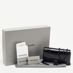 Pre Owned Balenciaga Black Croc Embossed Leather Hourglass Wallet on Chain