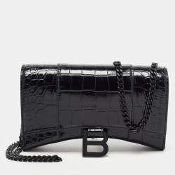 Pre Owned Balenciaga Black Croc Embossed Leather Hourglass Wallet on Chain