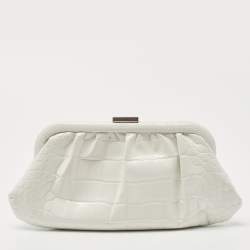 Pre Owned Balenciaga White Croc Embossed Leather XS Cloud Clutch Bag