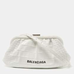 Pre Owned Balenciaga White Croc Embossed Leather XS Cloud Clutch Bag