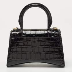 Pre Owned Balenciaga Black Croc Embossed Leather XS Hourglass Top Handle Bag