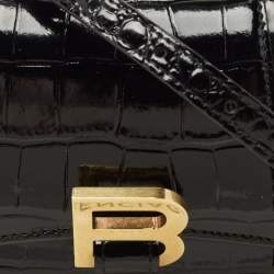 Pre Owned Balenciaga Black Croc Embossed Leather XS Hourglass Top Handle Bag