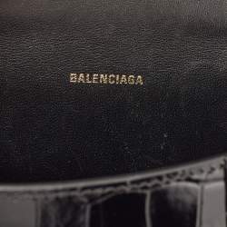 Pre Owned Balenciaga Black Croc Embossed Leather XS Hourglass Top Handle Bag