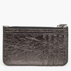 Pre Owned Balenciaga Metallic Silver Leather Zip Card Case