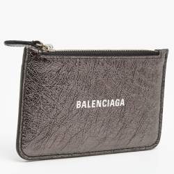 Pre Owned Balenciaga Metallic Silver Leather Zip Card Case