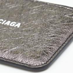 Pre Owned Balenciaga Metallic Silver Leather Zip Card Case