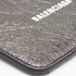 Pre Owned Balenciaga Metallic Silver Leather Zip Card Case