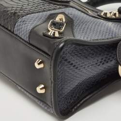 Pre Owned Balenciaga Black/Indigo Leather and Python Mini Classic Metallic Edge City Bag