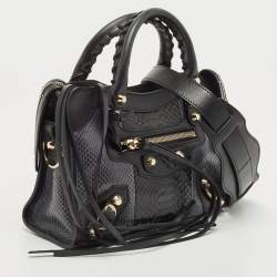 Pre Owned Balenciaga Black/Indigo Leather and Python Mini Classic Metallic Edge City Bag