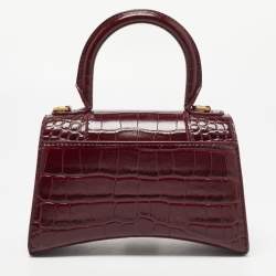 Pre Owned Balenciaga Burgundy Croc Embossed Leather XS Hourglass Top Handle Bag