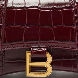 Pre Owned Balenciaga Burgundy Croc Embossed Leather XS Hourglass Top Handle Bag