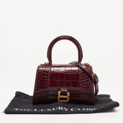Pre Owned Balenciaga Burgundy Croc Embossed Leather XS Hourglass Top Handle Bag
