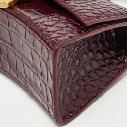 Pre Owned Balenciaga Burgundy Croc Embossed Leather XS Hourglass Top Handle Bag