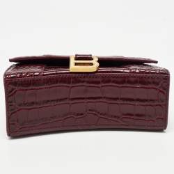 Pre Owned Balenciaga Burgundy Croc Embossed Leather XS Hourglass Top Handle Bag