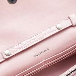 Pre Owned Balenciaga Pink Croc Embossed Leather Hourglass Wallet On Chain