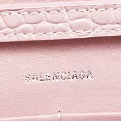 Pre Owned Balenciaga Pink Croc Embossed Leather Hourglass Wallet On Chain