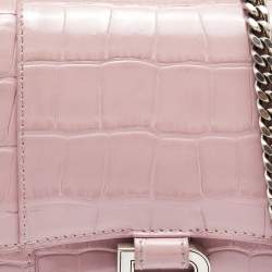 Pre Owned Balenciaga Pink Croc Embossed Leather Hourglass Wallet On Chain