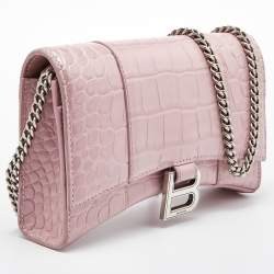 Pre Owned Balenciaga Pink Croc Embossed Leather Hourglass Wallet On Chain