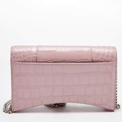 Pre Owned Balenciaga Pink Croc Embossed Leather Hourglass Wallet On Chain