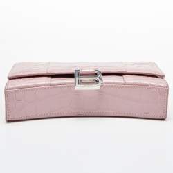 Pre Owned Balenciaga Pink Croc Embossed Leather Hourglass Wallet On Chain