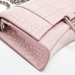 Pre Owned Balenciaga Pink Croc Embossed Leather Hourglass Wallet On Chain