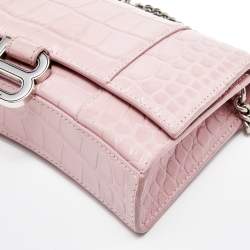 Pre Owned Balenciaga Pink Croc Embossed Leather Hourglass Wallet On Chain