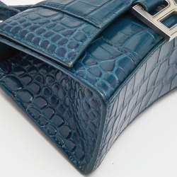 Pre Owned Balenciaga Teal Croc Embossed Leather XS Hourglass Top Handle Bag