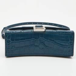 Pre Owned Balenciaga Teal Croc Embossed Leather XS Hourglass Top Handle Bag