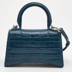 Pre Owned Balenciaga Teal Croc Embossed Leather XS Hourglass Top Handle Bag