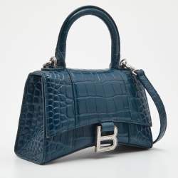 Pre Owned Balenciaga Teal Croc Embossed Leather XS Hourglass Top Handle Bag