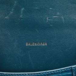 Pre Owned Balenciaga Teal Croc Embossed Leather XS Hourglass Top Handle Bag