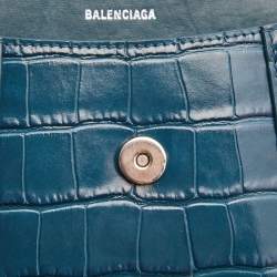 Pre Owned Balenciaga Teal Croc Embossed Leather XS Hourglass Top Handle Bag