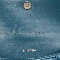 Pre Owned Balenciaga Teal Croc Embossed Leather XS Hourglass Top Handle Bag