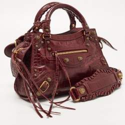 Pre Owned Balenciaga Dark Red Croc Embossed Leather XS Neo Cagole Bag