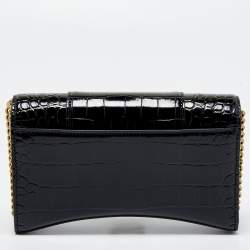 Pre Owned Balenciaga Black Shine Croc Embossed Leather Hourglass Wallet On Chain