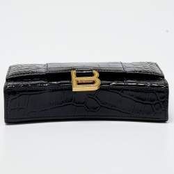 Pre Owned Balenciaga Black Shine Croc Embossed Leather Hourglass Wallet On Chain
