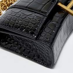 Pre Owned Balenciaga Black Shine Croc Embossed Leather Hourglass Wallet On Chain