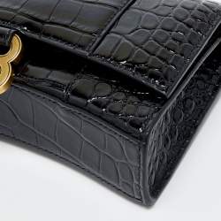 Pre Owned Balenciaga Black Shine Croc Embossed Leather Hourglass Wallet On Chain