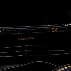 Pre Owned Balenciaga Black Shine Croc Embossed Leather Hourglass Wallet On Chain