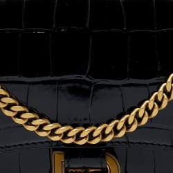 Pre Owned Balenciaga Black Shine Croc Embossed Leather Hourglass Wallet On Chain