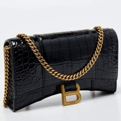 Pre Owned Balenciaga Black Shine Croc Embossed Leather Hourglass Wallet On Chain