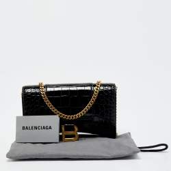 Pre Owned Balenciaga Black Shine Croc Embossed Leather Hourglass Wallet On Chain