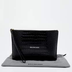 Pre Owned Balenciaga Black Croc Embossed Leather Flat Wristlet Pouch