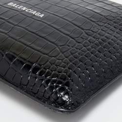 Pre Owned Balenciaga Black Croc Embossed Leather Flat Wristlet Pouch