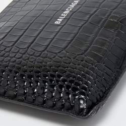 Pre Owned Balenciaga Black Croc Embossed Leather Flat Wristlet Pouch