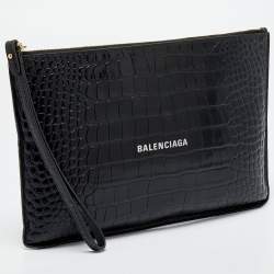 Pre Owned Balenciaga Black Croc Embossed Leather Flat Wristlet Pouch