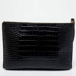 Pre Owned Balenciaga Black Croc Embossed Leather Flat Wristlet Pouch