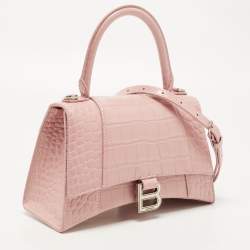 Balenciaga Light Pink Croc Embossed Leather Small Hourglass Top Handle Bag