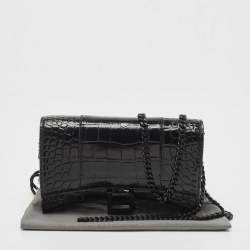 Pre Owned Balenciaga Black Croc Embossed Leather Hourglass Wallet on Chain